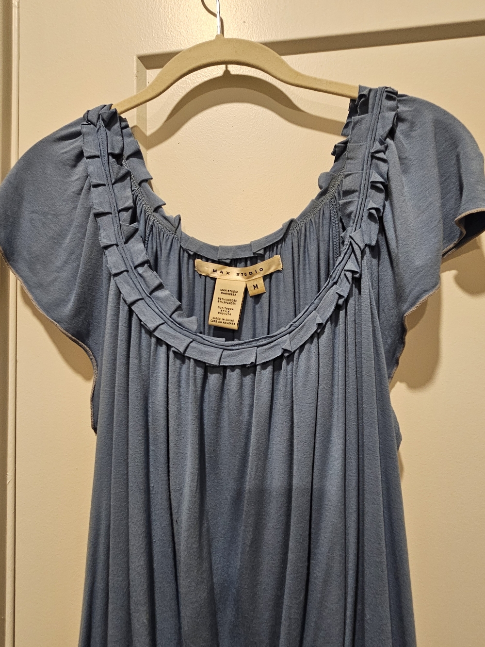 Max Studio Women’s Dusty Blue Ruffled Scoop Neck Top